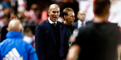 Real Madrid's French coach Zinedine Zidane reacts during the Spanish League football match between Rayo Vallecano and Real Madrid at the Vallecas Stadium in the Madrid district of Puente de Vallecas on April 28, 2019. (Photo by BENJAMIN CREMEL / AFP) (Photo credit should read BENJAMIN CREMEL/AFP/Getty Images)