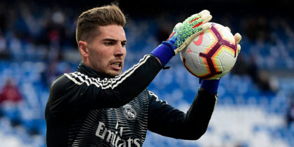 Real Madrid's French goalkeeper Luca Zidane warms up before the Spanish League football match between Real Madrid CF and SD Huesca at the Santiago Bernabeu stadium in Madrid on March 31, 2019. (Photo by JAVIER SORIANO / AFP) (Photo credit should read JAVIER SORIANO/AFP/Getty Images)
