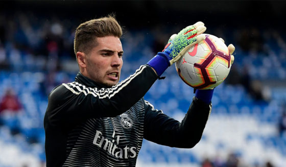 Real Madrid's French goalkeeper Luca Zidane warms up before the Spanish League football match between Real Madrid CF and SD Huesca at the Santiago Bernabeu stadium in Madrid on March 31, 2019. (Photo by JAVIER SORIANO / AFP) (Photo credit should read JAVIER SORIANO/AFP/Getty Images)