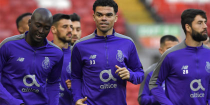 Porto's Portuguese defender Pepe (C) takes part in a training session at Anfield Stadium in Liverpool, north west England on April 8, 2019, on the eve of their UEFA Champions League quarter final first leg football match against Liverpool. (Photo by Lluis GENE / AFP) (Photo credit should read LLUIS GENE/AFP/Getty Images)