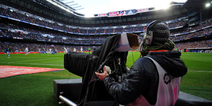 MADRID, SPAIN - FEBRUARY 15: A Mediapro television cameraman films the La Liga match between Real Madrid CF and RC Deportivo La Coruna at Estadio Santiago Bernabeu on February 15, 2015 in Madrid, Spain. La Liga clubs are threatening to go on strike if the government doesn't introduce legislation to allow collective sharing of TV rights. (Photo by Denis Doyle/Getty Images)