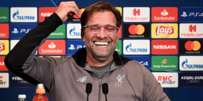 Liverpool's German head coach Jurgen Klopp laughs as he gives a press conference at the Parc des Princes stadium in Paris on November 27, 2018 on the eve of their Champions' League football match against Paris Saint-Germain (PSG). (Photo by FRANCK FIFE / AFP) (Photo credit should read FRANCK FIFE/AFP/Getty Images)