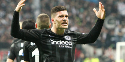 Frankfurt's Serbian forward Luka Jovic celebrates scoring the opening goal during the UEFA Europa League semi-final first leg football match Eintracht Frankfurt v Chelsea in Frankfurt am Main, western Germany on May 2, 2019. (Photo by Daniel ROLAND / AFP) (Photo credit should read DANIEL ROLAND/AFP/Getty Images)
