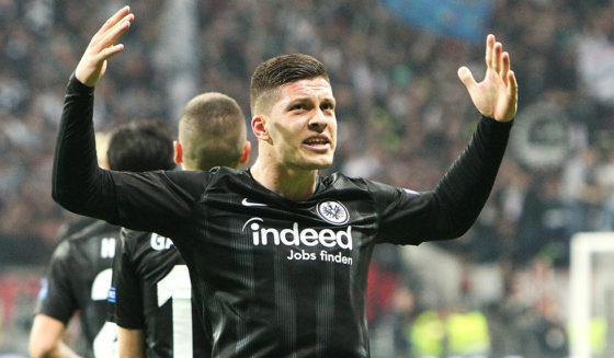 Frankfurt's Serbian forward Luka Jovic celebrates scoring the opening goal during the UEFA Europa League semi-final first leg football match Eintracht Frankfurt v Chelsea in Frankfurt am Main, western Germany on May 2, 2019. (Photo by Daniel ROLAND / AFP) (Photo credit should read DANIEL ROLAND/AFP/Getty Images)