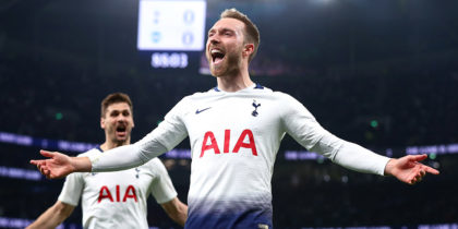 LONDON, ENGLAND - APRIL 23: Christian Eriksen of Tottenham Hotspur celebrates after scoring his team's first goal during the Premier League match between Tottenham Hotspur and Brighton & Hove Albion at Tottenham Hotspur Stadium on April 23, 2019 in London, United Kingdom. (Photo by Clive Rose/Getty Images)