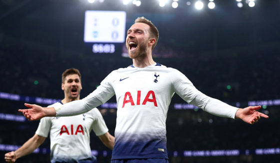 LONDON, ENGLAND - APRIL 23: Christian Eriksen of Tottenham Hotspur celebrates after scoring his team's first goal during the Premier League match between Tottenham Hotspur and Brighton & Hove Albion at Tottenham Hotspur Stadium on April 23, 2019 in London, United Kingdom. (Photo by Clive Rose/Getty Images)