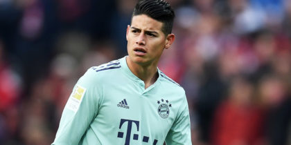 Bayern Munich's Colombian midfielder James Rodriguez reacts during the German first division Bundesliga football match Nuremberg v FC Bayern Munich on April 28, 2019 in Nuremberg, southern Germany. (Photo by Christof STACHE / AFP) / RESTRICTIONS: DFL REGULATIONS PROHIBIT ANY USE OF PHOTOGRAPHS AS IMAGE SEQUENCES AND/OR QUASI-VIDEO (Photo credit should read CHRISTOF STACHE/AFP/Getty Images)