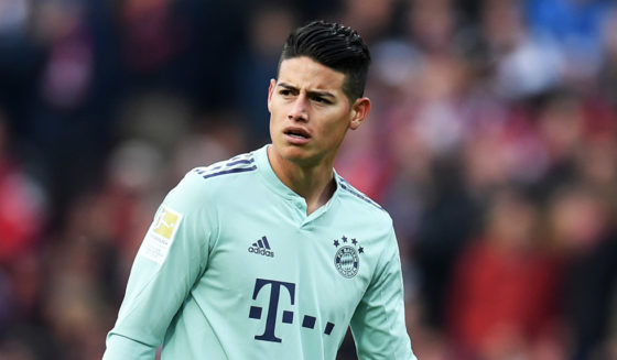Bayern Munich's Colombian midfielder James Rodriguez reacts during the German first division Bundesliga football match Nuremberg v FC Bayern Munich on April 28, 2019 in Nuremberg, southern Germany. (Photo by Christof STACHE / AFP) / RESTRICTIONS: DFL REGULATIONS PROHIBIT ANY USE OF PHOTOGRAPHS AS IMAGE SEQUENCES AND/OR QUASI-VIDEO (Photo credit should read CHRISTOF STACHE/AFP/Getty Images)