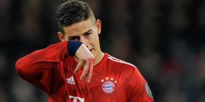 Bayern Munich's Columbian midfielder James Rodriguez reacts during the UEFA Champions League, last 16, second leg football match Bayern Munich v Liverpool in Munich, southern Germany, on March 13, 2019. (Photo by GUENTER SCHIFFMANN / AFP) (Photo credit should read GUENTER SCHIFFMANN/AFP/Getty Images)
