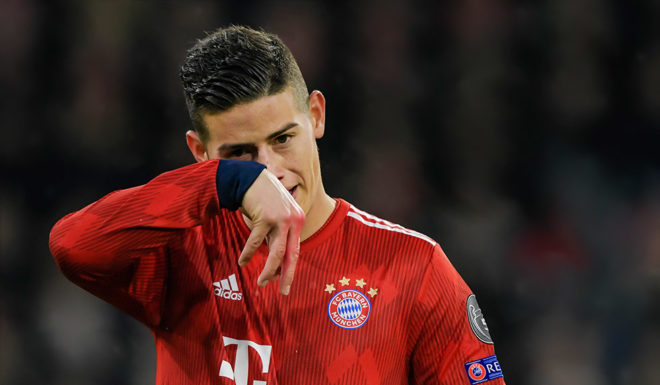 Bayern Munich's Columbian midfielder James Rodriguez reacts during the UEFA Champions League, last 16, second leg football match Bayern Munich v Liverpool in Munich, southern Germany, on March 13, 2019. (Photo by GUENTER SCHIFFMANN / AFP) (Photo credit should read GUENTER SCHIFFMANN/AFP/Getty Images)