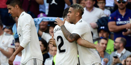 Real Madrid's Spanish-Dominican forward Mariano (R) celebrates after scoring the opening goal during the Spanish league football match between Real Madrid CF and Villarreal CF at the Santiago Bernabeu stadium in Madrid on May 5, 2019. (Photo by JAVIER SORIANO / AFP) (Photo credit should read JAVIER SORIANO/AFP/Getty Images)