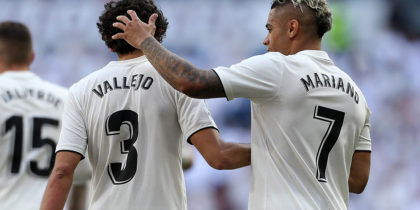 MADRID, SPAIN - MAY 05: Jesus Vallejo of Real Madrid celebrates as scores his team's second goal with Mariano during the La Liga match between Real Madrid CF and Villarreal CF at Estadio Santiago Bernabeu on May 05, 2019 in Madrid, Spain. (Photo by Angel Martinez/Getty Images)