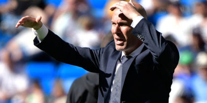 Real Madrid's French coach Zinedine Zidane gestures during the Spanish league football match between Real Madrid CF and Villarreal CF at the Santiago Bernabeu stadium in Madrid on May 5, 2019. (Photo by JAVIER SORIANO / AFP) (Photo credit should read JAVIER SORIANO/AFP/Getty Images)