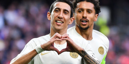 Paris Saint-Germain's Argentine midfielder Angel Di Maria (L) makes a heart shape with his hands as he celebrates after scoring a goal during the French L1 football match between Montpellier Herault SC and Paris Saint-Germain at the Mosson stadium in Montpellier, southern France on April 30, 2019. (Photo by Pascal GUYOT / AFP) (Photo credit should read PASCAL GUYOT/AFP/Getty Images)