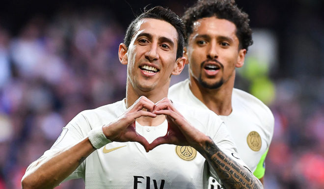 Angel di Maria Paris Saint-Germain's Argentine midfielder Angel Di Maria (L) makes a heart shape with his hands as he celebrates after scoring a goal during the French L1 football match between Montpellier Herault SC and Paris Saint-Germain at the Mosson stadium in Montpellier, southern France on April 30, 2019. (Photo by Pascal GUYOT / AFP) (Photo credit should read PASCAL GUYOT/AFP/Getty Images)