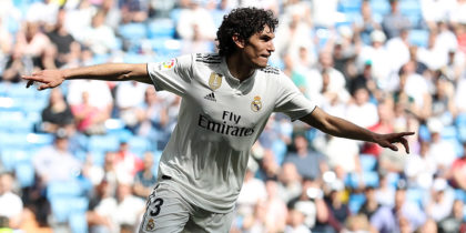 MADRID, SPAIN - MAY 05: Jesus Vallejo of Real Madrid celebrates as scores his team's second goal during the La Liga match between Real Madrid CF and Villarreal CF at Estadio Santiago Bernabeu on May 05, 2019 in Madrid, Spain. (Photo by Angel Martinez/Getty Images)