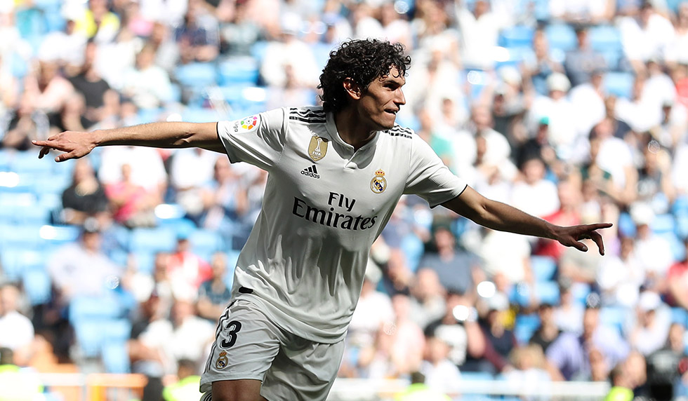 MADRID, SPAIN - MAY 05: Jesus Vallejo of Real Madrid celebrates as scores his team's second goal during the La Liga match between Real Madrid CF and Villarreal CF at Estadio Santiago Bernabeu on May 05, 2019 in Madrid, Spain. (Photo by Angel Martinez/Getty Images)