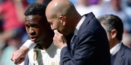 Real Madrid's French coach Zinedine Zidane (R) talks to Real Madrid's Brazilian forward Vinicius Junior during the Spanish league football match between Real Madrid CF and Villarreal CF at the Santiago Bernabeu stadium in Madrid on May 5, 2019. (Photo by JAVIER SORIANO / AFP) (Photo credit should read JAVIER SORIANO/AFP/Getty Images)