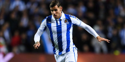 SAN SEBASTIAN, SPAIN - NOVEMBER 26: Theo Hernandez of Real Sociedad de Futbol runs with the ball during the La Liga match between Real Sociedad and RC Celta de Vigo at Estadio Anoeta on November 26, 2018 in San Sebastian, Spain. (Photo by David Ramos/Getty Images)
