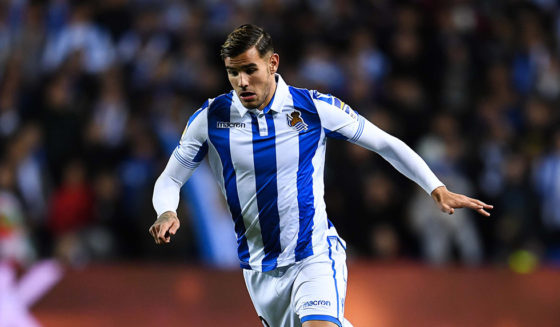 SAN SEBASTIAN, SPAIN - NOVEMBER 26: Theo Hernandez of Real Sociedad de Futbol runs with the ball during the La Liga match between Real Sociedad and RC Celta de Vigo at Estadio Anoeta on November 26, 2018 in San Sebastian, Spain. (Photo by David Ramos/Getty Images)