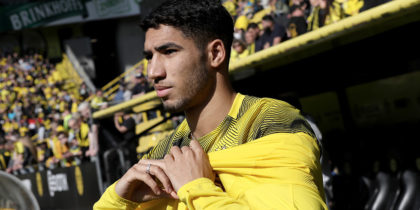 DORTMUND, GERMANY - MARCH 30: Achraf Hakimi of Dortmund warms up prior to the Bundesliga match between Borussia Dortmund and VfL Wolfsburg at Signal Iduna Park on March 30, 2019 in Dortmund, Germany. (Photo by Christof Koepsel/Bongarts/Getty Images)