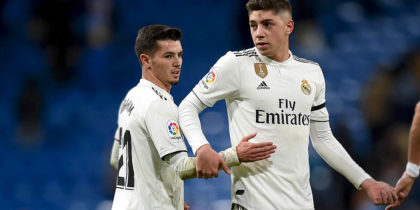 MADRID, SPAIN - JANUARY 09: Brahim Diaz and Federico Valverde of Real Madrid CF react beside Dimitrios Siovas of CD Leganes at the end of the Copa del Rey Round of 16 match between Real Madrid CF and CD Leganes at estadio Santiago Bernabeu on January 09, 2019 in Madrid, Spain. (Photo by Denis Doyle/Getty Images)