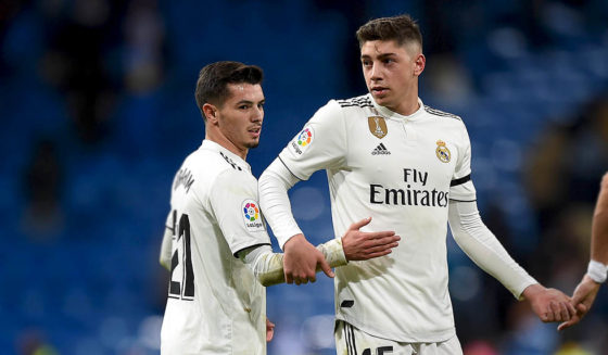 Federico Valverde Brahim Díaz MADRID, SPAIN - JANUARY 09: Brahim Diaz and Federico Valverde of Real Madrid CF react beside Dimitrios Siovas of CD Leganes at the end of the Copa del Rey Round of 16 match between Real Madrid CF and CD Leganes at estadio Santiago Bernabeu on January 09, 2019 in Madrid, Spain. (Photo by Denis Doyle/Getty Images)