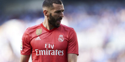 SAN SEBASTIAN, SPAIN - MAY 12: Karim Benzema of Real Madrid CF reacts during the La Liga match between Real Sociedad and Real Madrid CF at Estadio Anoeta on May 12, 2019 in San Sebastian, Spain. (Photo by Juan Manuel Serrano Arce/Getty Images)