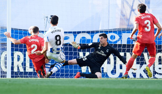 SAN SEBASTIAN, SPAIN - MAY 12: Mikel Merino of Real Sociedad scoring goal during the La Liga match between Real Sociedad and Real Madrid CF at Estadio Anoeta on May 12, 2019 in San Sebastian, Spain. (Photo by Juan Manuel Serrano Arce/Getty Images)