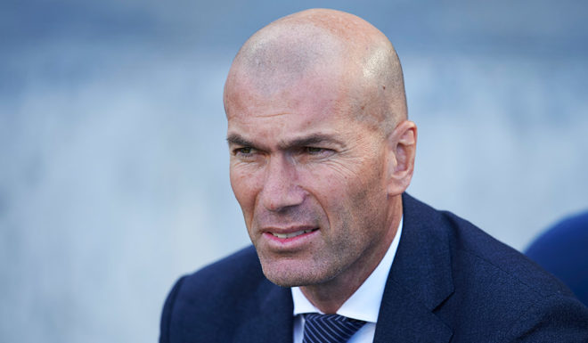 Zinédine Zidane SAN SEBASTIAN, SPAIN - MAY 12: Head coach Zinedine Zidane of Real Madrid CF looks on prior to the start the La Liga match between Real Sociedad and Real Madrid CF at Estadio Anoeta on May 12, 2019 in San Sebastian, Spain. (Photo by Juan Manuel Serrano Arce/Getty Images)