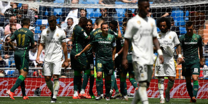 Real Betis' players celebrate their second goal during the Spanish League football match between Real Madrid and Real Betis at the Santiago Bernabeu stadium in Madrid on May 19, 2019. (Photo by PIERRE-PHILIPPE MARCOU / AFP) (Photo credit should read PIERRE-PHILIPPE MARCOU/AFP/Getty Images)