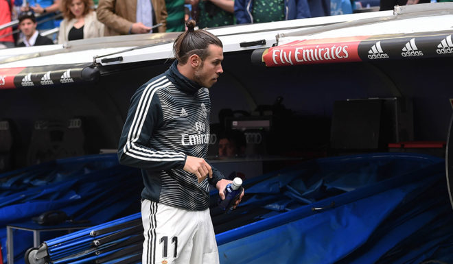 MADRID, SPAIN - MAY 19: Gareth Bale of Real Madrid walks to the substitute bench before the La Liga match between Real Madrid CF and Real Betis Balompie at Estadio Santiago Bernabeu on May 19, 2019 in Madrid, Spain. (Photo by Denis Doyle/Getty Images)