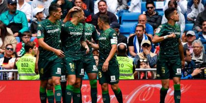 Real Betis' players celebrate after scoring a goal during the Spanish League football match between Real Madrid and Real Betis at the Santiago Bernabeu stadium in Madrid on May 19, 2019. (Photo by PIERRE-PHILIPPE MARCOU / AFP) (Photo credit should read PIERRE-PHILIPPE MARCOU/AFP/Getty Images)
