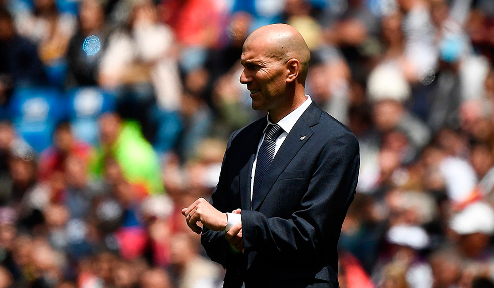 Real Madrid's French coach Zinedine Zidane reacts during the Spanish League football match between Real Madrid and Real Betis at the Santiago Bernabeu stadium in Madrid on May 19, 2019. (Photo by PIERRE-PHILIPPE MARCOU / AFP) (Photo credit should read PIERRE-PHILIPPE MARCOU/AFP/Getty Images)