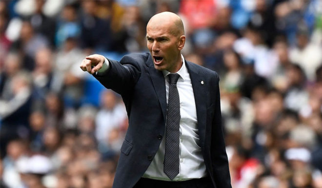 Real Madrid's French coach Zinedine Zidane reacts during the Spanish League football match between Real Madrid and Real Betis at the Santiago Bernabeu stadium in Madrid on May 19, 2019. (Photo by PIERRE-PHILIPPE MARCOU / AFP) (Photo credit should read PIERRE-PHILIPPE MARCOU/AFP/Getty