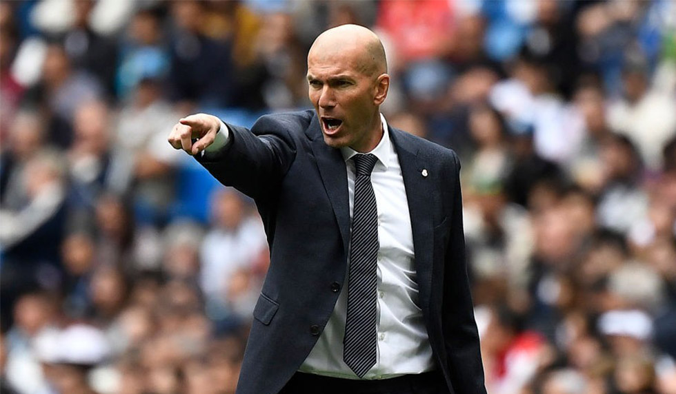 Real Madrid's French coach Zinedine Zidane reacts during the Spanish League football match between Real Madrid and Real Betis at the Santiago Bernabeu stadium in Madrid on May 19, 2019. (Photo by PIERRE-PHILIPPE MARCOU / AFP) (Photo credit should read PIERRE-PHILIPPE MARCOU/AFP/Getty
