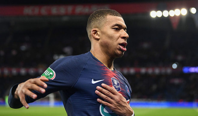 Paris Saint-Germain's French forward Kylian Mbappe reacts at the end of the French Cup semi-final football match between Paris Saint-Germain and FC Nantes at the Parc des Princes stadium in Paris on April 3, 2019. (Photo by FRANCK FIFE / AFP) (Photo credit should read FRANCK FIFE/AFP/Getty Images)