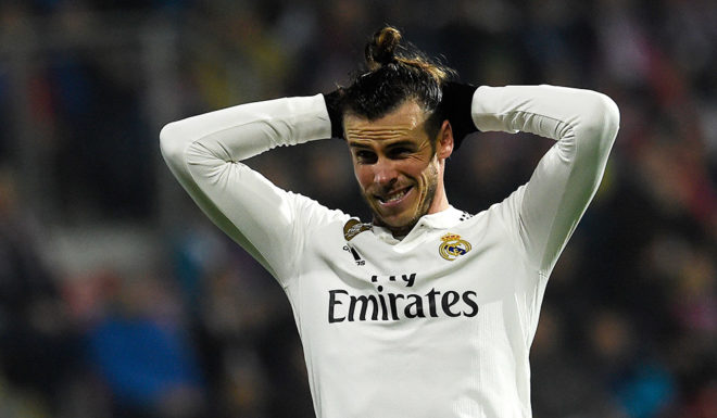 Real Madrid's Welsh forward Gareth Bale reacts during the UEFA Champions League group G football match Viktoria Plzen v Real Madrid in Plzen, Czech Republic on November 7, 2018. (Photo by Michal CIZEK / AFP) (Photo credit should read MICHAL CIZEK/AFP/Getty Images)
