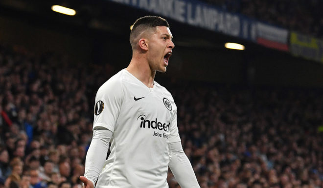 Eintr. Frankfurt's Serbian forward Luka Jovic reacts during the UEFA Europa League semi-final second leg football match between Chelsea and Eintracht Frankfurt at Stamford Bridge in London on May 9, 2019. (Photo by Ben STANSALL / AFP) (Photo credit should read BEN STANSALL/AFP/Getty Images)