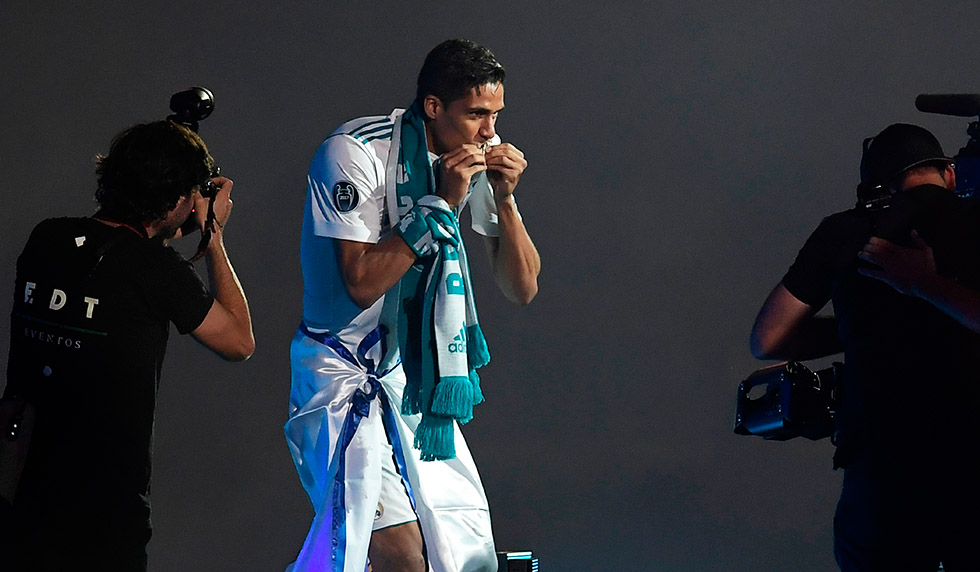 Real Madrid's French defender Raphael Varane arrives at the Santiago Bernabeu stadium in Madrid on May 27, 2018 during a victory ceremony after Real Madrid won its third Champions League title in a row in Kiev. (Photo by OSCAR DEL POZO / AFP) (Photo credit should read OSCAR DEL POZO/AFP/Getty Images)