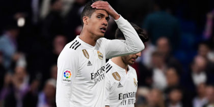 Real Madrid's French defender Raphael Varane reacts at the end of the Spanish league football match between Real Madrid CF and FC Barcelona at the Santiago Bernabeu stadium in Madrid on March 2, 2019. (Photo by JAVIER SORIANO / AFP) (Photo credit should read JAVIER SORIANO/AFP/Getty Images)
