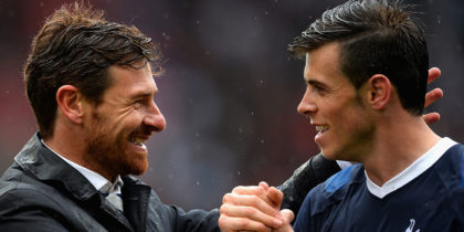 STOKE ON TRENT, ENGLAND - MAY 12: Spurs manager Andre Villas-Boas congratulates Gareth Bale following their team's 2-1 victory during the Barclays Premier League match between Stoke City and Tottenham Hotspur at Britannia Stadium on May 12, 2013 in Stoke on Trent, England. (Photo by Laurence Griffiths/Getty Images)