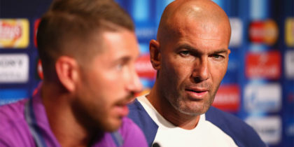 TRONDHEIM, NORWAY - AUGUST 08: In this handout image provided by UEFA, Sergio Ramos talks to the media as Head Coach Zinedan Zidane listens during the Real Madrid Press Conference at Lerkendal Stadion on August 8, 2016 in Trondheim, Norway. (Photo by Handout/UEFA via Getty Images)