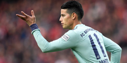 Bayern Munich's Colombian midfielder James Rodriguez reacts during the German first division Bundesliga football match Nuremberg v FC Bayern Munich on April 28, 2019 in Nuremberg, southern Germany. (Photo by Christof STACHE / AFP) / RESTRICTIONS: DFL REGULATIONS PROHIBIT ANY USE OF PHOTOGRAPHS AS IMAGE SEQUENCES AND/OR QUASI-VIDEO (Photo credit should read CHRISTOF STACHE/AFP/Getty Images)