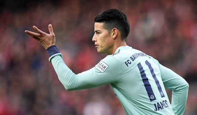 Bayern Munich's Colombian midfielder James Rodriguez reacts during the German first division Bundesliga football match Nuremberg v FC Bayern Munich on April 28, 2019 in Nuremberg, southern Germany. (Photo by Christof STACHE / AFP) / RESTRICTIONS: DFL REGULATIONS PROHIBIT ANY USE OF PHOTOGRAPHS AS IMAGE SEQUENCES AND/OR QUASI-VIDEO (Photo credit should read CHRISTOF STACHE/AFP/Getty Images)