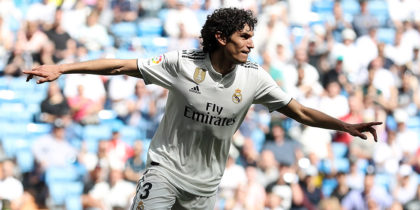 MADRID, SPAIN - MAY 05: Jesus Vallejo of Real Madrid celebrates as scores his team's second goal during the La Liga match between Real Madrid CF and Villarreal CF at Estadio Santiago Bernabeu on May 05, 2019 in Madrid, Spain. (Photo by Angel Martinez/Getty Images)