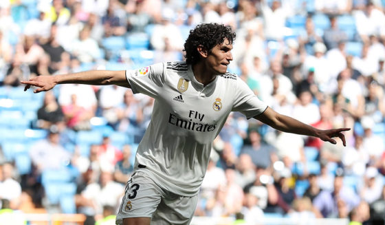 MADRID, SPAIN - MAY 05: Jesus Vallejo of Real Madrid celebrates as scores his team's second goal during the La Liga match between Real Madrid CF and Villarreal CF at Estadio Santiago Bernabeu on May 05, 2019 in Madrid, Spain. (Photo by Angel Martinez/Getty Images)