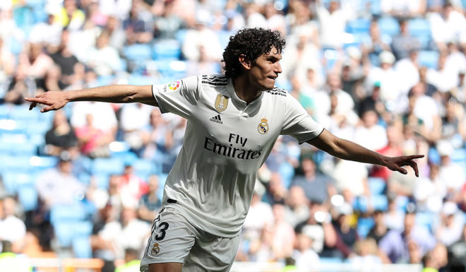 MADRID, SPAIN - MAY 05: Jesus Vallejo of Real Madrid celebrates as scores his team's second goal during the La Liga match between Real Madrid CF and Villarreal CF at Estadio Santiago Bernabeu on May 05, 2019 in Madrid, Spain. (Photo by Angel Martinez/Getty Images)
