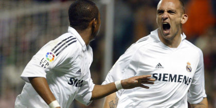 Bilbao, SPAIN: Real Madrid's Raul Bravo (R) celebrates his goal, the team's second, with his teammate Robinho (L) who scored the first, 11 February 2006, during a Spanish league football match at the San Mames stadium, in Bilbao. Real Madrid won 2-0. AFP PHOTO / Rafa RIVAS (Photo credit should read RAFA RIVAS/AFP/Getty Images)