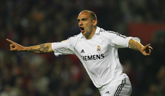 BILBAO, SPAIN - FEBRUARY 11: Raul Bravo of Real Madrid celebrates his goal during the Primera Liga match between Athletic Bilbao and Real Madrid at the San Mames stadium on February 11, 2006 in Bilbao, Spain. Real won 2-0. (Photo by Denis Doyle/Getty Images)